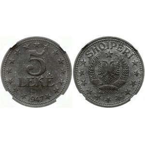 Albania 5 Leke 1947 Obverse: National Arms within 3/4 circle of stars. Reverse: Large value within circle of stars...