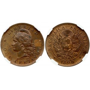 Argentina 2 Centavos 1890 Obverse: Flagged arms within wreath; 1/2 radiant sun above. Reverse: Capped liberty head left...