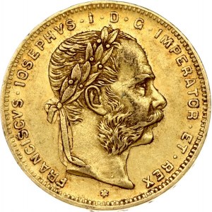 Austria 8 Florins-20 Francs 1879 Joseph I(1848-1916). Obverse: Laureate head right; heavy whiskers. Reverse...