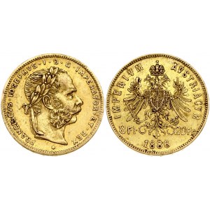 Austria 8 Florins-20 Francs 1886 Joseph I(1848-1916). Obverse: Laureate head right; heavy whiskers. Reverse...