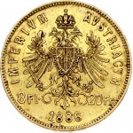 Austria 8 Florins-20 Francs 1886 Joseph I(1848-1916). Obverse: Laureate head right; heavy whiskers. Reverse...