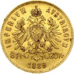 Austria 8 Florins-20 Francs 1889 Franz Joseph I(1848-1916). Obverse: Laureate head right; heavy whiskers. Reverse...