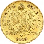 Austria 8 Florins-20 Francs 1889 Joseph I(1848-1916). Obverse: Laureate head right; heavy whiskers. Reverse...