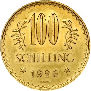Austria 100 Schilling 1926 Obverse: Imperial Eagle with Austrian shield on breast holding hammer and sickle. Reverse...