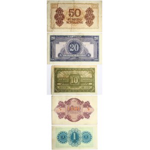 Austria 1 - 50 Schilling 1944 Banknotes. Obverse: Laurel leaves behind. Reverse: Value three times in guilloche frames...