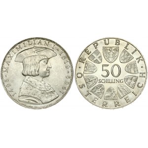 Austria 50 Schilling 1969 450th Anniversary - Death of Maximilian I. Obverse: Value within circle of shields. Reverse...