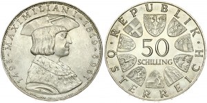 Austria 50 Schilling 1969 450th Anniversary - Death of Maximilian I. Obverse: Value within circle of shields. Reverse...