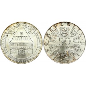 Austria 50 Schilling 1973 500th Anniversary of the Bummerl House. Obverse: Value within circle of shields. Reverse...