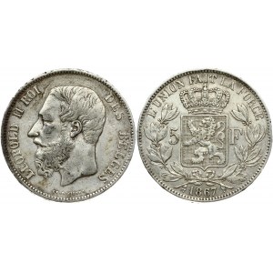 Belgium 5 Francs 1867 Leopold II(1865-1909). Obverse: Smaller head, engraver's name near rim, below truncation...