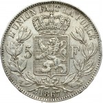 Belgium 5 Francs 1867 Leopold II(1865-1909). Obverse: Smaller head, engraver's name near rim, below truncation...