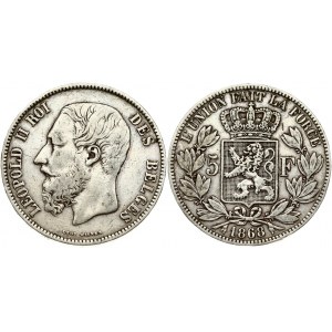 Belgium 5 Francs 1868 Leopold II(1865-1909). Obverse: Smaller head; engraver's name near rim; below truncation...