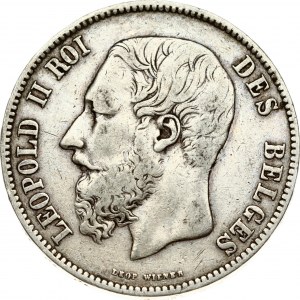 Belgium 5 Francs 1868 Leopold II(1865-1909). Obverse: Smaller head; engraver's name near rim; below truncation...