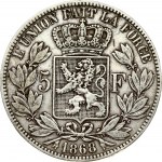 Belgium 5 Francs 1868 Leopold II(1865-1909). Obverse: Smaller head; engraver's name near rim; below truncation...
