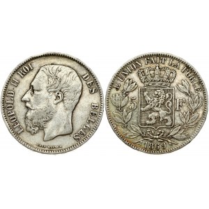 Belgium 5 Francs 1869 Leopold II(1865-1909). Obverse: Smaller head; engraver's name near rim; below truncation...