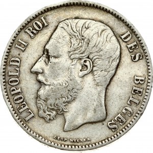 Belgium 5 Francs 1869 Leopold II(1865-1909). Obverse: Smaller head; engraver's name near rim; below truncation...