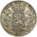 Belgium 5 Francs 1869 Leopold II(1865-1909). Obverse: Smaller head; engraver's name near rim; below truncation...