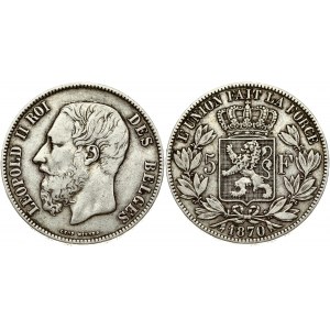 Belgium 5 Francs 1870 Leopold II(1865-1909). Obverse: Smaller head; engraver's name near rim; below truncation...