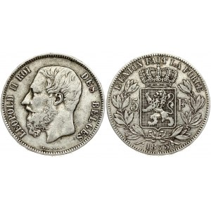 Belgium 5 Francs 1873 Leopold II(1865-1909). Obverse: Smaller head; engraver's name near rim; below truncation...