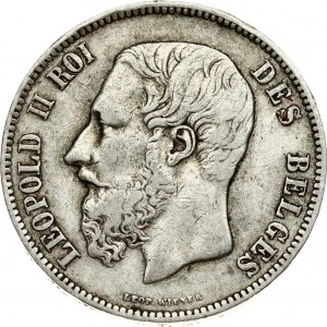 Belgium 5 Francs 1873 Leopold II(1865-1909). Obverse: Smaller head; engraver's name near rim; below truncation...