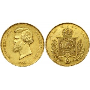 Brazil 20000 Reis 1853 Pedro II (1831-1889)Obverse: Larger head left. Reverse: Crowned arms within wreath. Gold 17.80g...