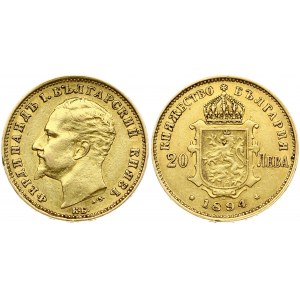 Bulgaria 20 Leva 1894KB Ferdinand I(1887-1908). Obverse: Head left. Reverse: Crowned ornate arms. Gold 6.42g...