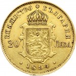 Bulgaria 20 Leva 1894KB Ferdinand I(1887-1908). Obverse: Head left. Reverse: Crowned ornate arms. Gold 6.42g...