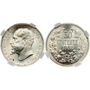 Bulgaria 50 Stotinki 1913 Ferdinand I (1887-1918). Obverse: Head left. Reverse: Denomination above date within wreath...