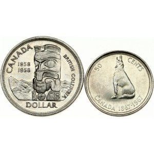 Canada 50 Cents 1967 Confederation Centennial & 1 Dollar 1858-1958 British Columbia. Elizabeth II(1952-). Obverse...