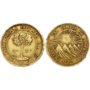 Central American Republic 2 Escudos 1850CR JB Obverse: Sun rising over mountains. Reverse: Tree divides denomination...