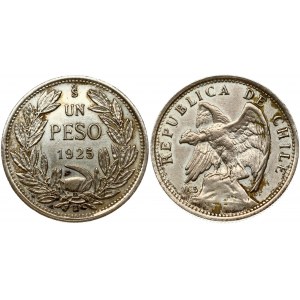 Chile 1 Peso 1925 Curved 5. Obverse: Defiant Condor on rock left; 0.5 below right wing. Reverse...