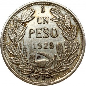 Chile 1 Peso 1925 Curved 5. Obverse: Defiant Condor on rock left; 0.5 below right wing. Reverse...