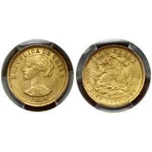 Chile 100 Pesos 1926 Obverse: Head left; date below. Reverse: Coat of arms denomination above. Gold. KM 170...