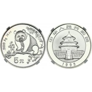 China 5 Yuan 1993 Panda. Obverse: Temple of Heaven within circle; date below. Reverse: Panda facing forward...