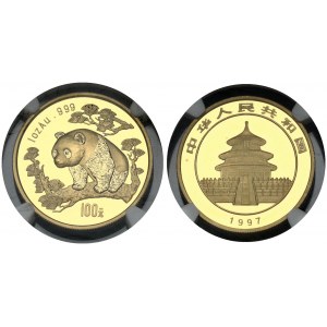 China 100 Yuan 1997 Panda Small date. Obverse: Temple of Heaven. Reverse: Panda on large branch; denomination below...