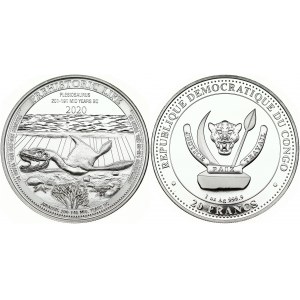 Congo 20 Francs 2020 Plesiosaurus. Obverse: Depicts the Democratic Republic of Congo coat of arms and the denomination.
