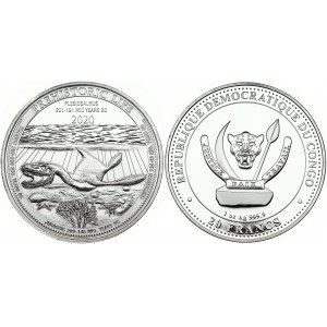Congo 20 Francs 2020 Plesiosaurus. Obverse: Depicts the Democratic Republic of Congo coat of arms and the denomination...