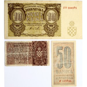 Croatia 50 Banica - 10 Kuna (1941-1942) Banknotes. Obverse: Guilloches under text. Reverse: Arms at top. P# 5; 6; 8...