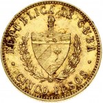 Cuba 5 Pesos 1916 Obverse: National arms within wreath; denomination below. Reverse: Head right; date below. Gold 8.35g...