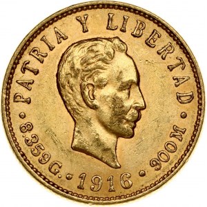 Cuba 5 Pesos 1916 Obverse: National arms within wreath; denomination below. Reverse: Head right; date below. Gold 8.34g...