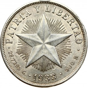 Cuba 1 Peso 1933 Obverse: National arms within wreath; denomination below. Reverse: Low relief star; date below. Silver...