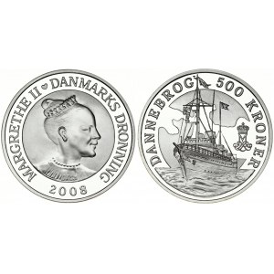 Denmark 500 Kroner 2008 160th Anniversary of Dannebrog. Margrethe II(1972-). Obverse: Dronningens kontrafej. Lettering...