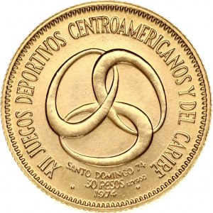 Dominican Republic 30 Pesos 1974 12th Central American and Caribbean Games. Obverse: National arms. Reverse...