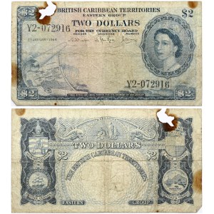 Eastern Caribbean States 2 Dollars 1964 Banknote. Obverse: Portrait of Queen Elizabeth II...