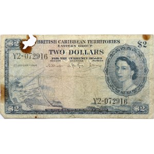 Eastern Caribbean States 2 Dollars 1964 Banknote. Obverse: Portrait of Queen Elizabeth II...