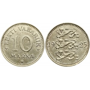 Estonia 10 Marka 1925 Obverse: Three leopards left divide date. Reverse: Denomination. Edge Description: Milled. Nickel...