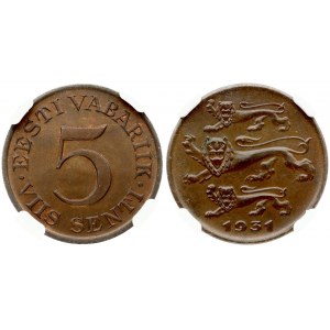 Estonia 5 Senti 1931 Obverse: Three leopards left above date. Reverse: Denomination. Edge Description: Plain. Bronze...