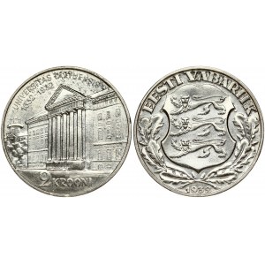 Estonia 2 Krooni 1932 Tercentenary - University of Tartu. Obverse: National arms wreath surrounds date below. Reverse...