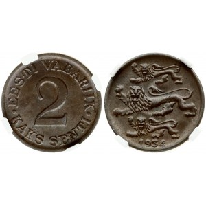 Estonia 2 Senti 1934 Obverse: Three leopards left above date. Reverse: Denomination. Edge Description: Plain. Bronze...