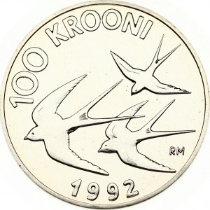 Estonia 100 Krooni 1992 Monetary Reform. Obverse: National arms. Reverse: Barn Swallows; date below; denomination above...
