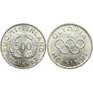 Finland 500 Markkaa 1952 H Obverse: Wreath divides denomination. Reverse: Olympic logo above date. Silver...